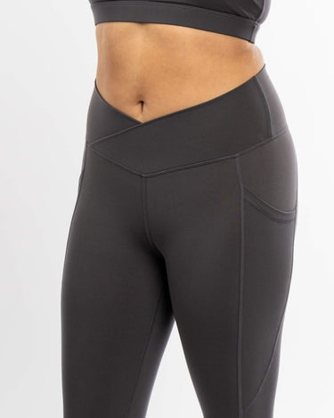 front view of gray scrunch leggings